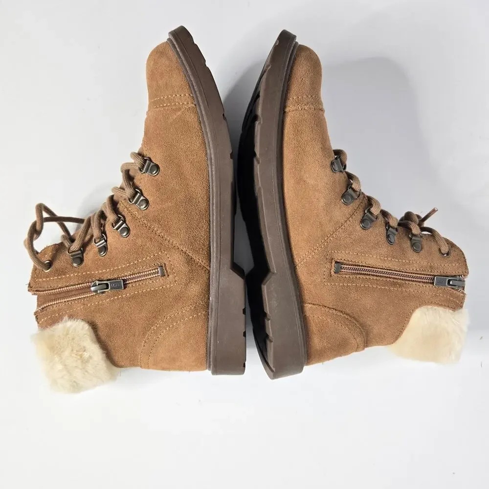 UGG Big Kid Azell Hiker Weather Boots Brown Suede Side Zip Chestnut 6